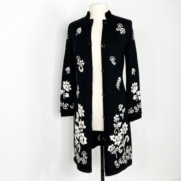 Vintage Josephine Chaus Cardigan Jacket L Black Long Embroidered Velvet Trim - Picture 1 of 16
